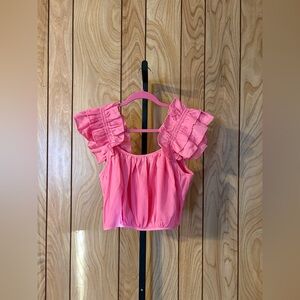 Davi & Dani Pink Smocked Ruffle Sleeve Crop Top